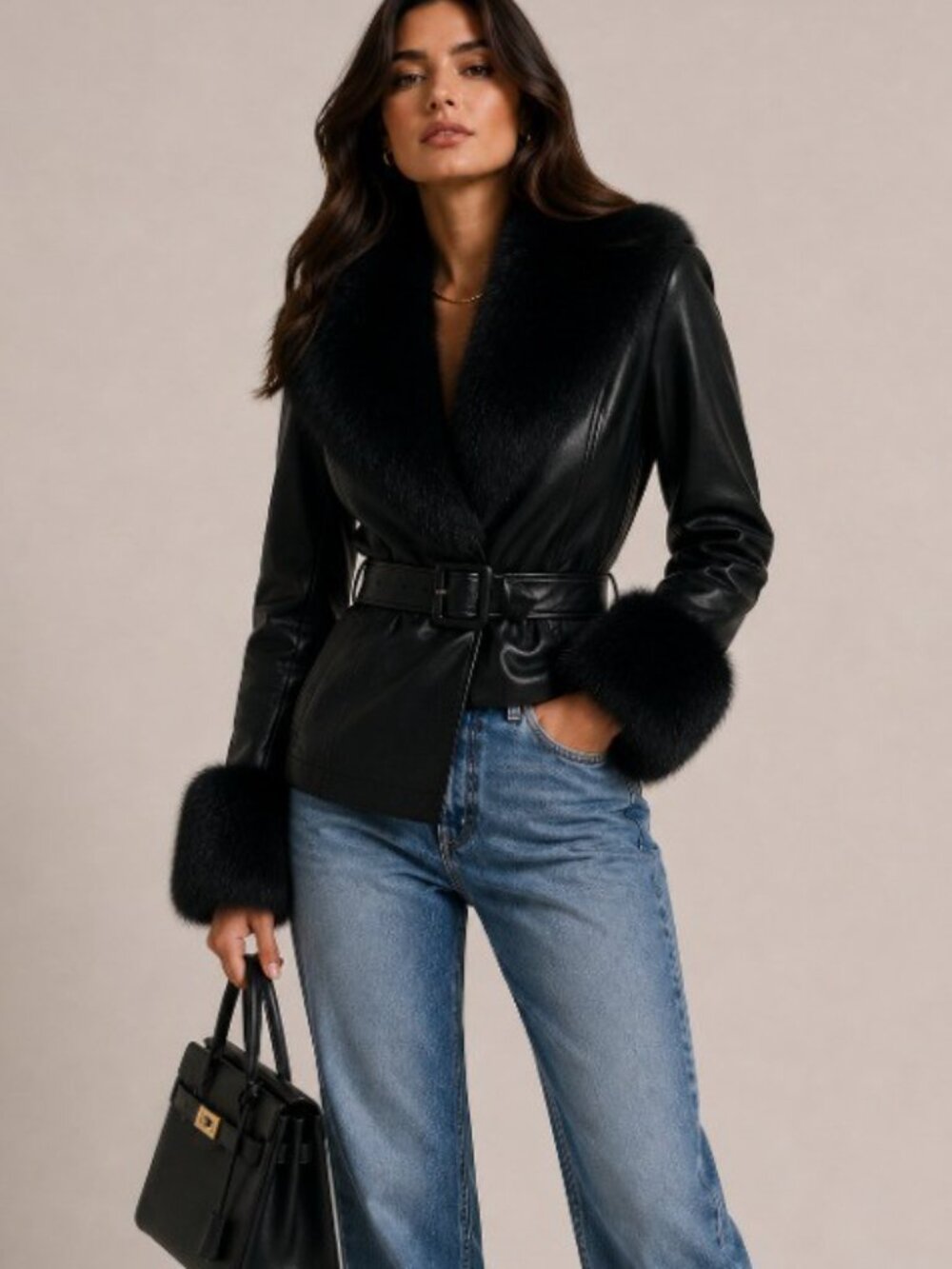 Black Faux-Fur Trim Leather Jacket w/Belt  CLALJ0039